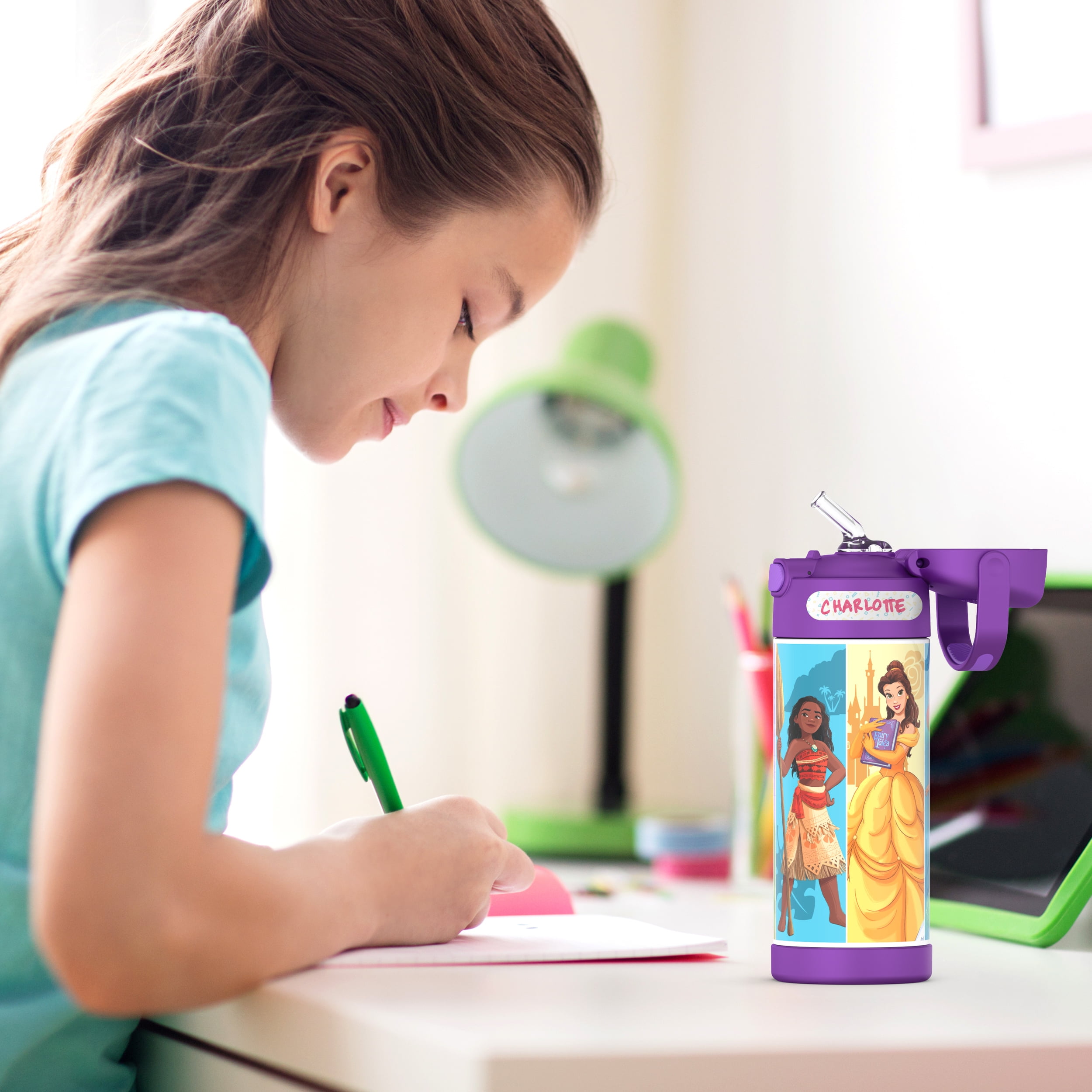 Thermos Kids Stainless Steel Funtainer Water Bottle with Straw, Dishwasher Safe, Leak Proof, Princess, 14oz