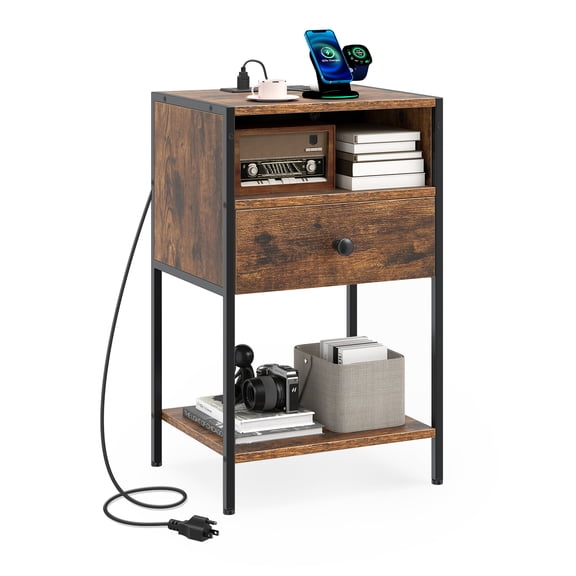 Gymax Nightstand w/ Charging Station Bedside Table w/ USB Ports & Outlets Rustic Brown & Black