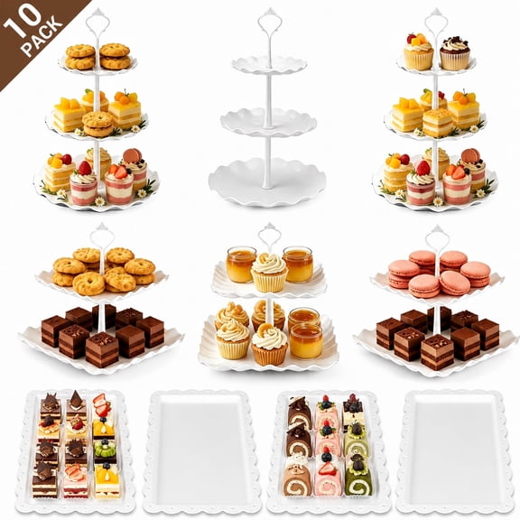 10 PCS Cupcake Stand Set, Plastic Dessert Table Display Set with 2-Tier & 3-Tier Serving Trays and Cake Stands for Party Wedding Birthday, White