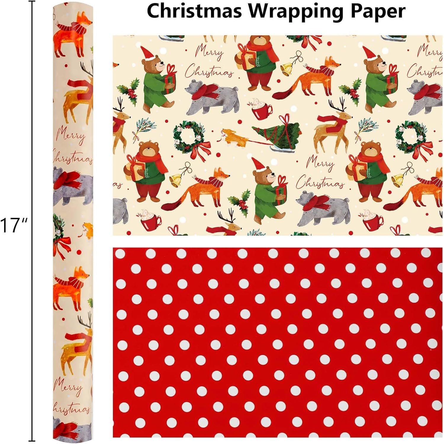 Christmas Wrapping Paper, Reversible Bear, Foxes have Christmas Design Gift Wrapping Paper Suitable for Holiday, Mini Roll (17 Inch X 32.8 Feet)