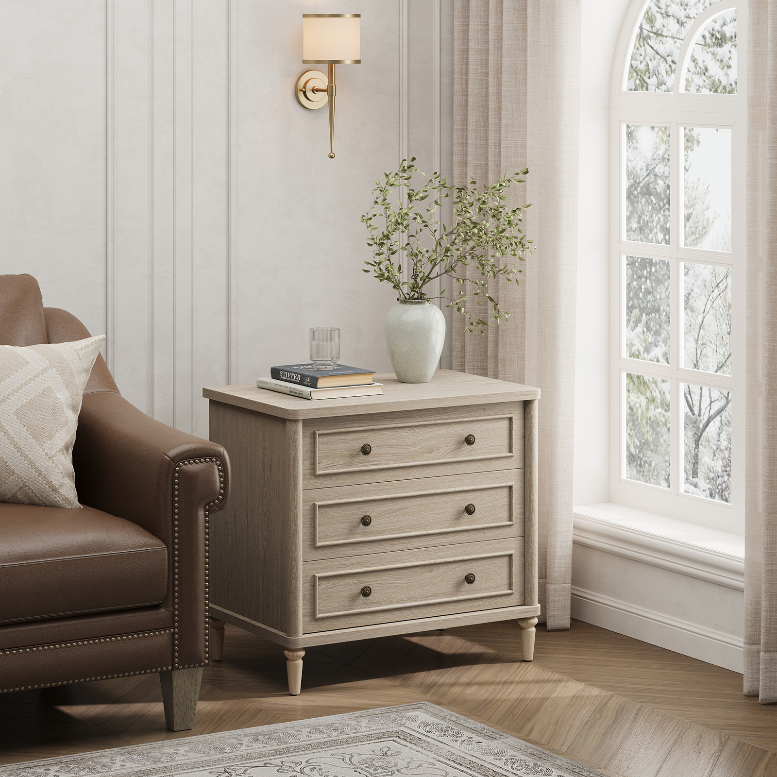 Bestier Farmhouse Nightstand Set of 2 with Charging Station, Oak photo 5