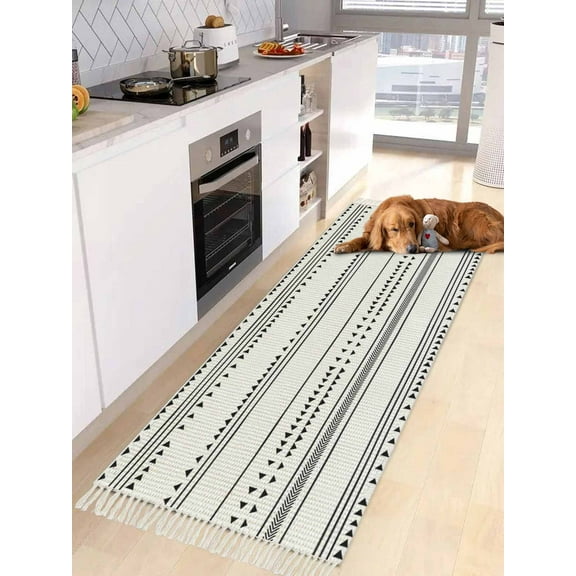 Boho Black White Modern Stripes Entryway Runner Rug 2x4ft,Farmhouse Abstract Art Washable Woven Living Room Hallway Bedroom Kitchen Carpet with Tassels,Indoor Outdoor Throw Door Mat for Entryway