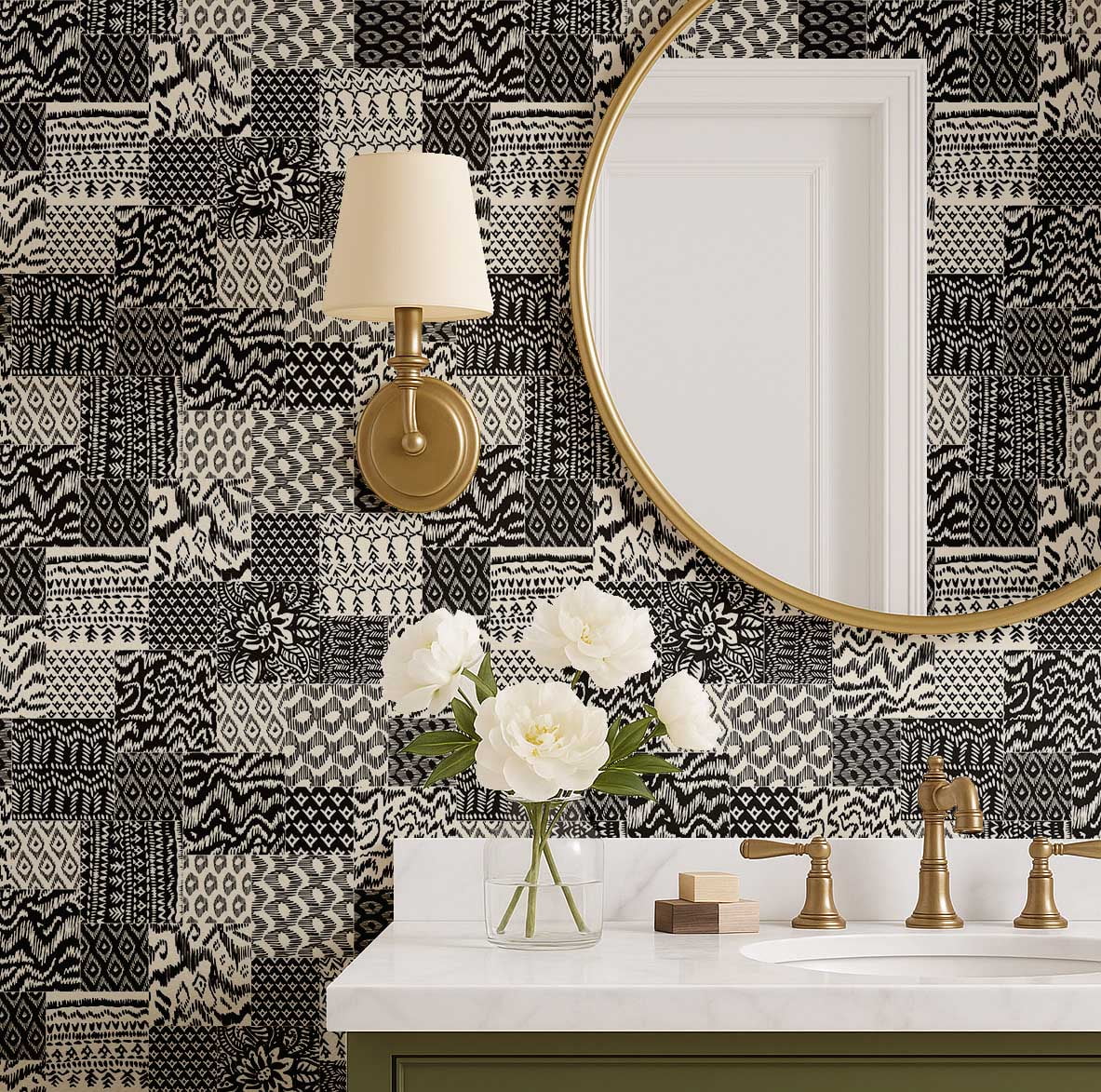 S4Sassy Modern Patchwork Ikat Wallpaper - Black Wall Covering, 25" x 360" Self-Adhesive Textured Vinyl Wall Paper, Decorative Wallwrap, Easy DIY Walls Covering For Bedroom, Cabinets, Living Spaces