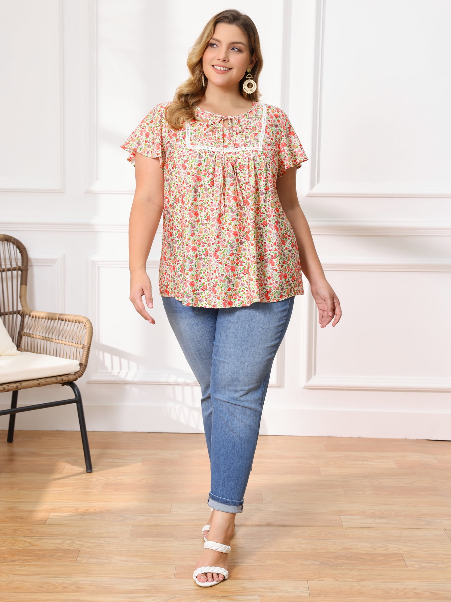 DARING DIVA Women's Plus Floral Tie Neck Blouse with Ruffle Sleeve 4X Pink