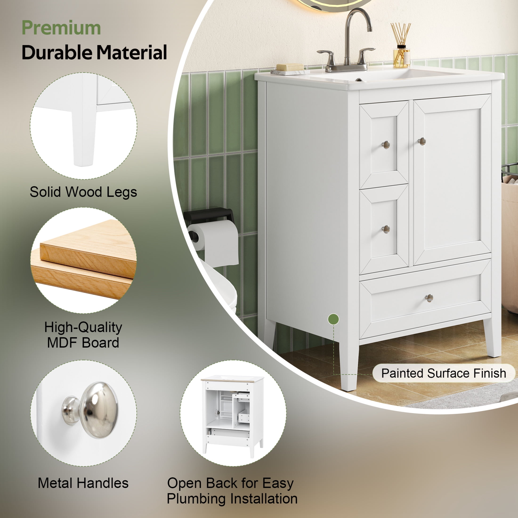 Christopher Knight Home 24" Modern Bathroom Vanity with Sink, Soft-Close Drawers and Door, White