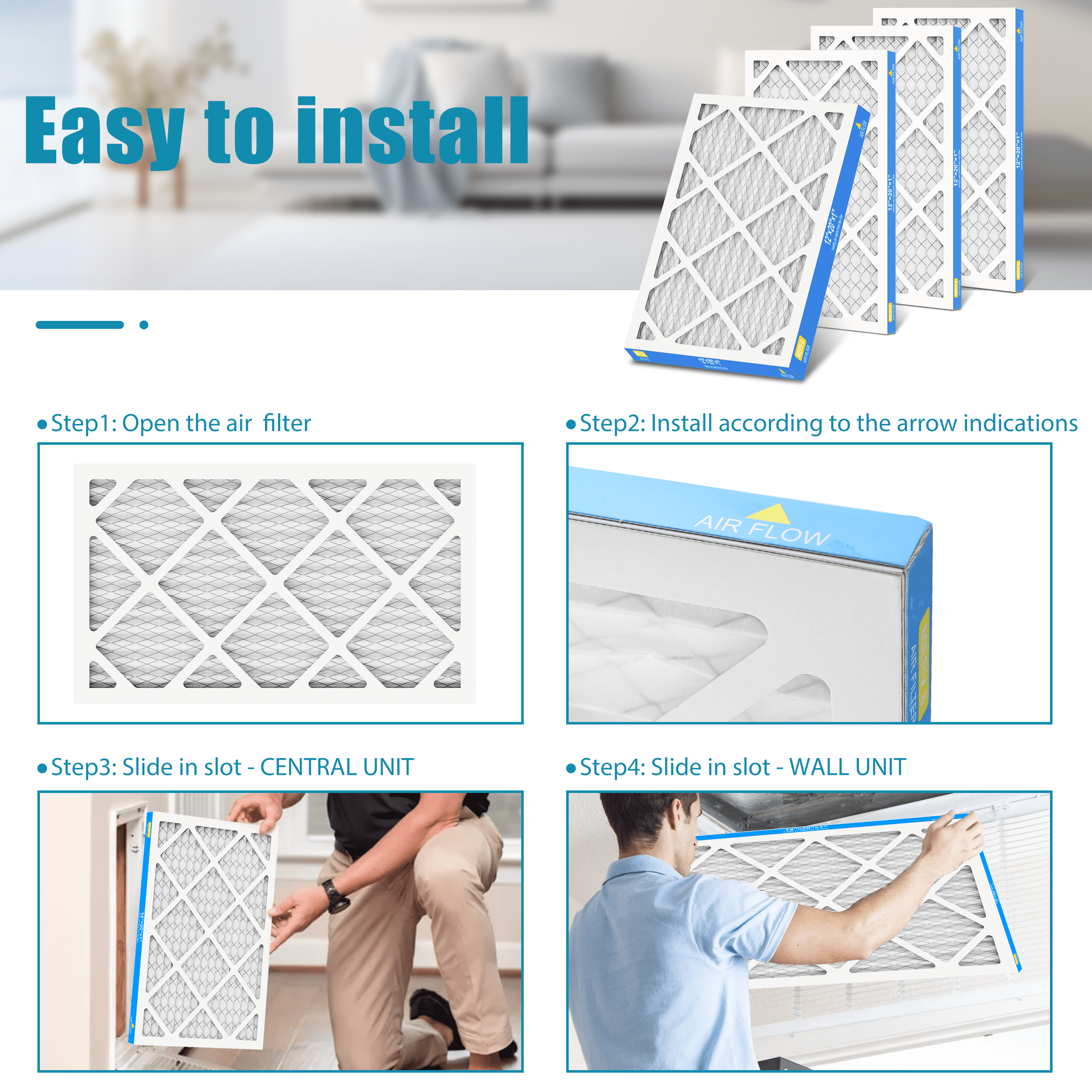 AMI PARTS 12x20x1 Air Filter, MPR 600 MERV8 Allergen Defense Pleated Filter for HVAC Furnace, 4 Filters
