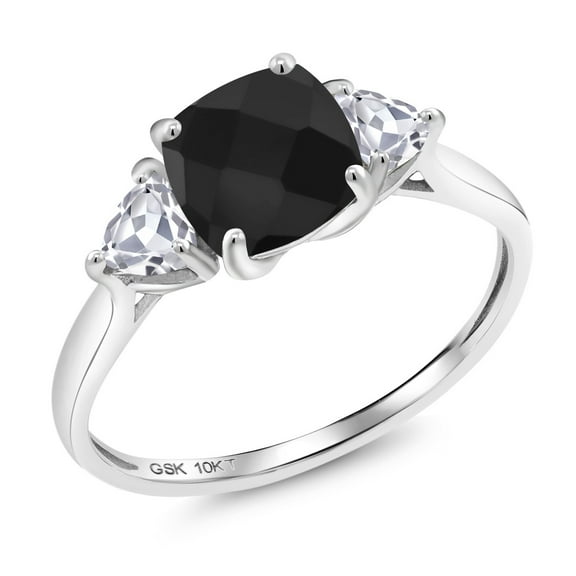 Gem Stone King 10K White Gold Black Onyx and White Created Sapphire 3-Stone Engagement Ring for Women (2.11 Cttw, 7MM Cushion Checkerboard and 4MM Trillion, Size 7)
