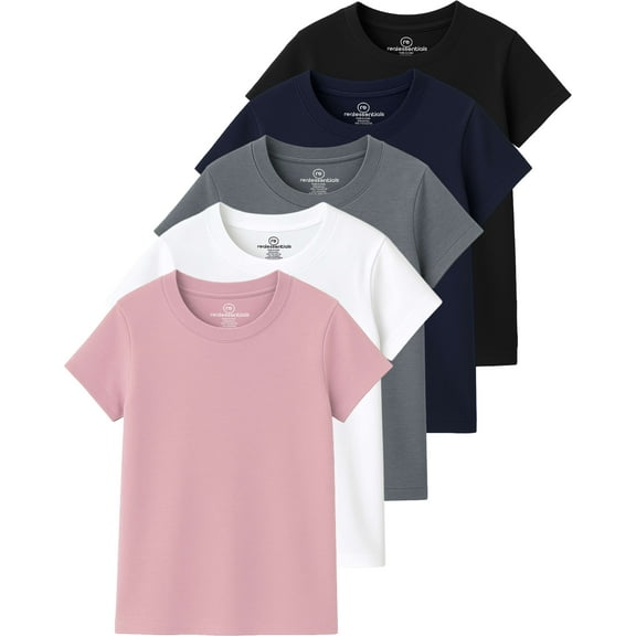 Real Essentials 5 Pack: Girls' Cotton Short Sleeve Crew Neck T-Shirt - Athletic Tee Shirt for Teens Kids Youth (Ages 4-16)