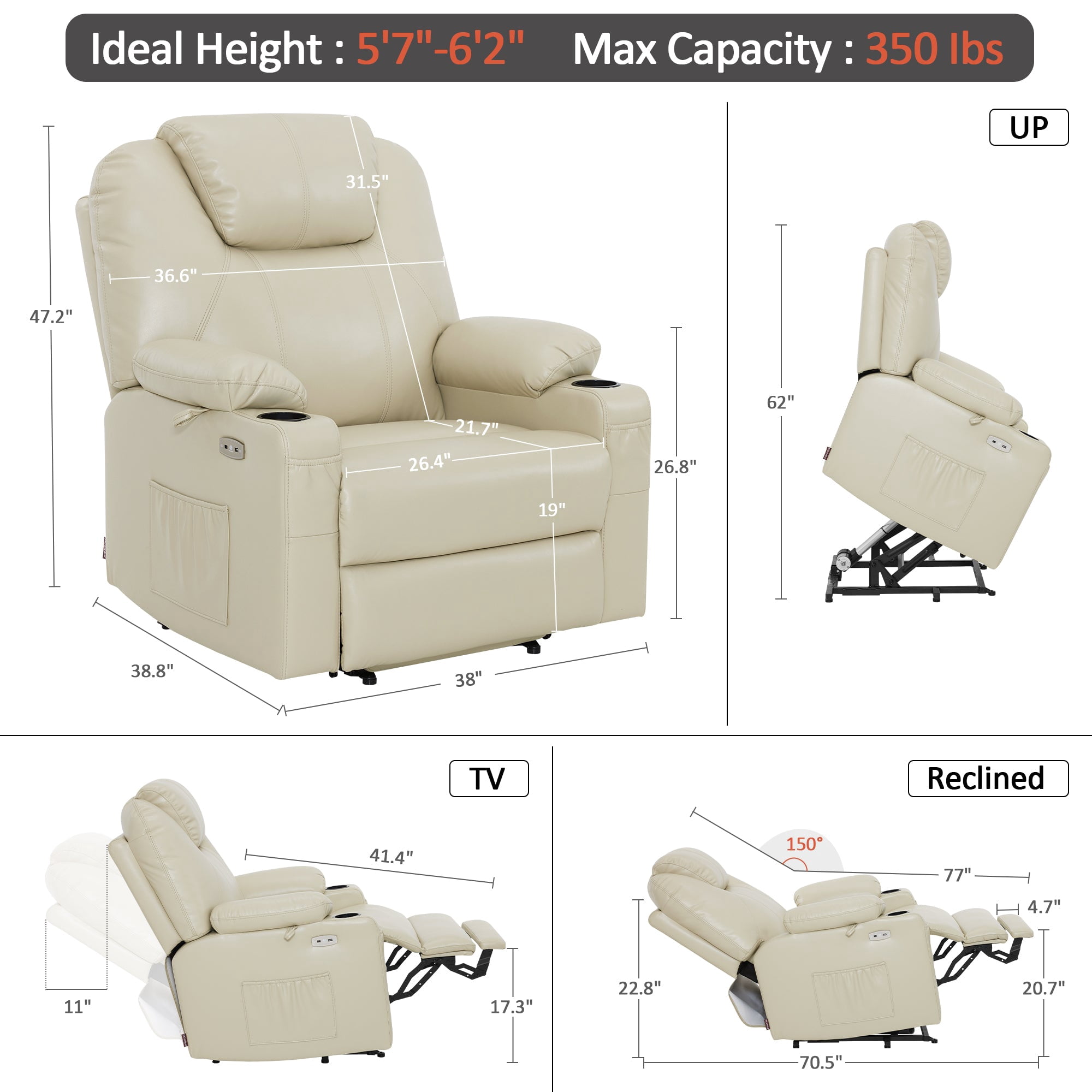 MCombo Large-Wide Power Lift Recliner Chair Sofa with Massage and Heat for Elderly People, Cup Holders, USB&Type C Ports, Side Pockets, Faux Leather (Cream White, Large-Wide)
