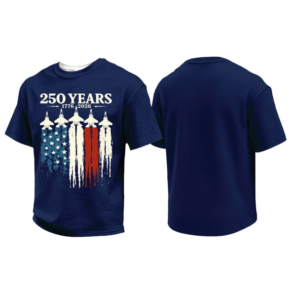 250 Year Celebration Patriotic Shirts for Men Usa Flag Print Crew Neck Waffle Short Sleeve Tshirt 1776-2026 Big and Tall Regular Fit Casual Breathable T-Shirt, Dark Blue, #01 Dark Blue