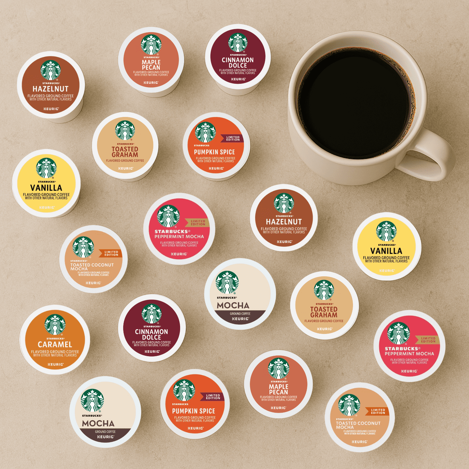 Starbuck Coffee Pods Variety Pack –30 Count with Recipe eBook - Flavored Coffee: Hazelnut, Caramel, French Vanilla, Pumpkin Spice, Cinnamon Dolce, Toasted Graham,Medium & Dark Roast K Cups for Keurig