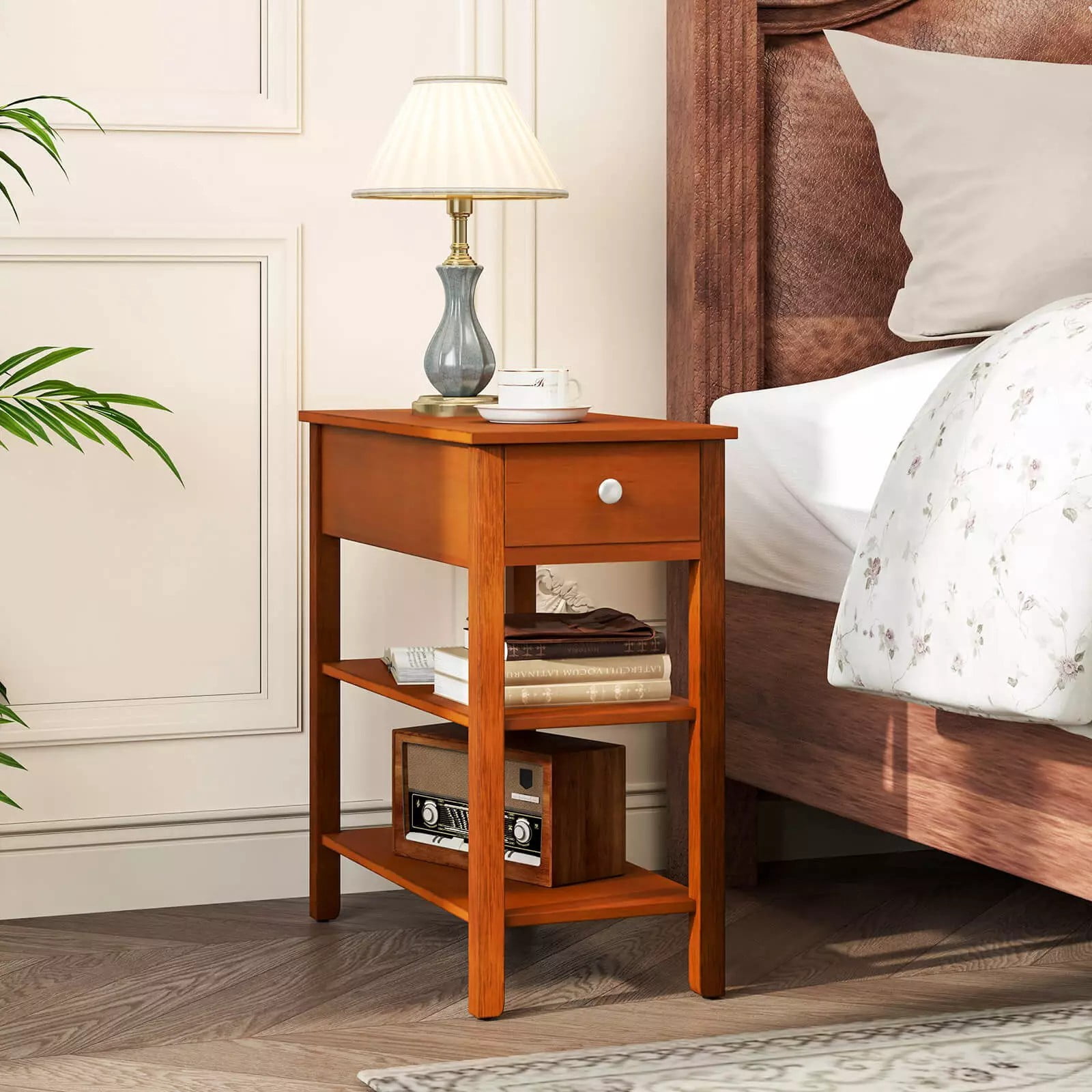 Auranook Set of 2 Narrow End Tables w/Drawer Shelves & Rubber Wood Legs Sofa Side Table