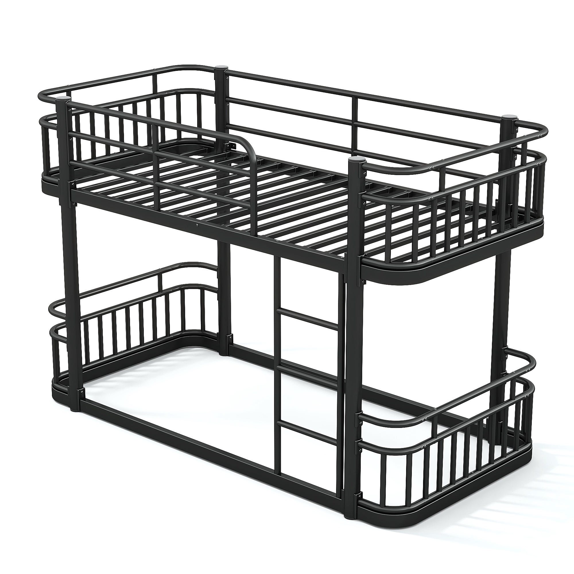 Leumius Twin XL over Twin XL Bunk Bed Frame with Ladders & Guardrails, Upgraded Round-Pipe Metal Frame, Stylish & Versatile for Any Room,Black