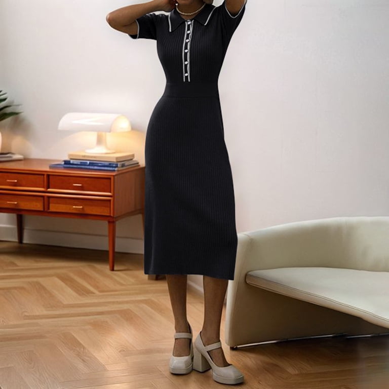 knit dresses for spring Women'S Ribbed Maxi Dress Summer V Neck Button Short Sleeve Slim Fit Bodycon Sweater Black One size Weill Paris iconic women’s dresses