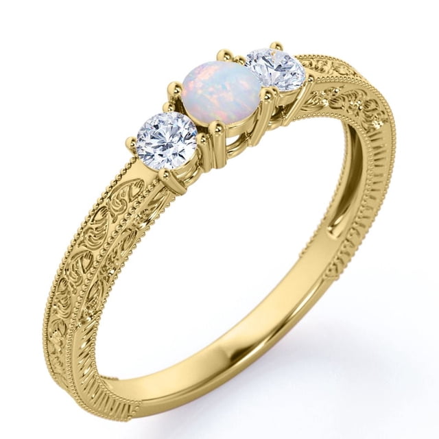 JeenMata Anillo de Compromiso Trilogía de Diamantes, Ópalo Arcoíris Redondo 1 ct y Moissanita, Filigrana Tallada y Baño de Oro Amarillo 18 K sobre Plata