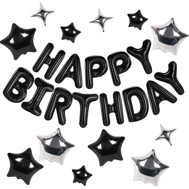 Happy Birthday Banner Kit - 16 Inch Mylar Foil Letters (13pcs) & 12pcs Star Balloons - Black and Silvery Birthday Party Decorations for Kids and Adults