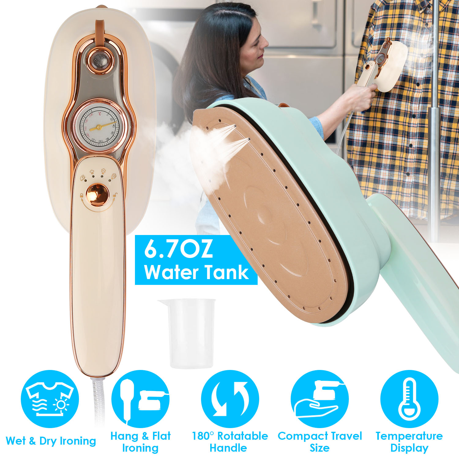 TeqHome Handheld Steamer for Clothes 1200W 180° Rotatable Travel Garment Steamer Support Dry Wet Ironing for Home Travel Gifts Blue