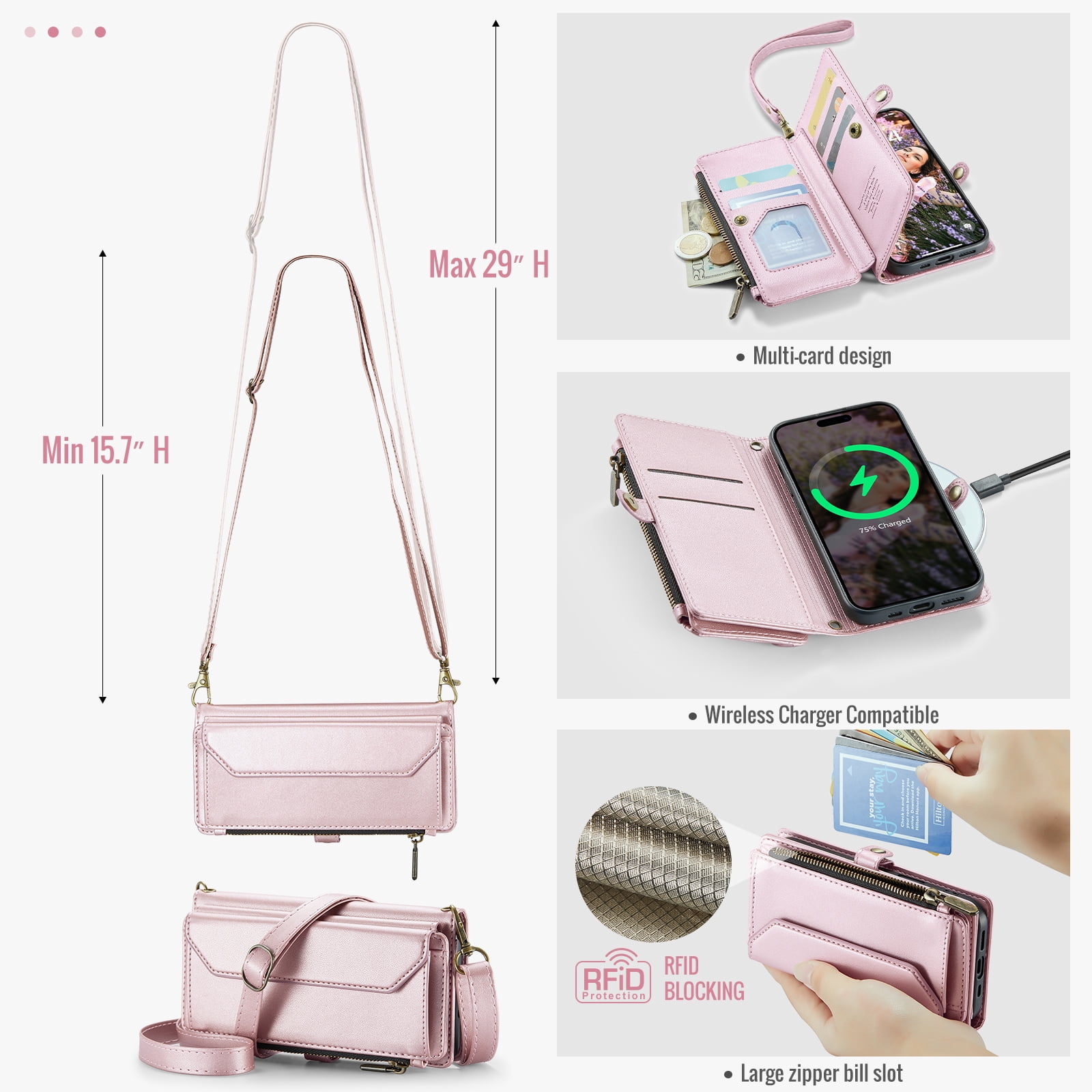 Asuwish Compatible with iPhone 17 6.3 inch Zipper Wallet Phone Case Tempered Glass Screen Protector Crossbody Lanyard Strap Flip Card Holder Slot Cell Cover for i Phone17 i17 17Case Women Rose Gold