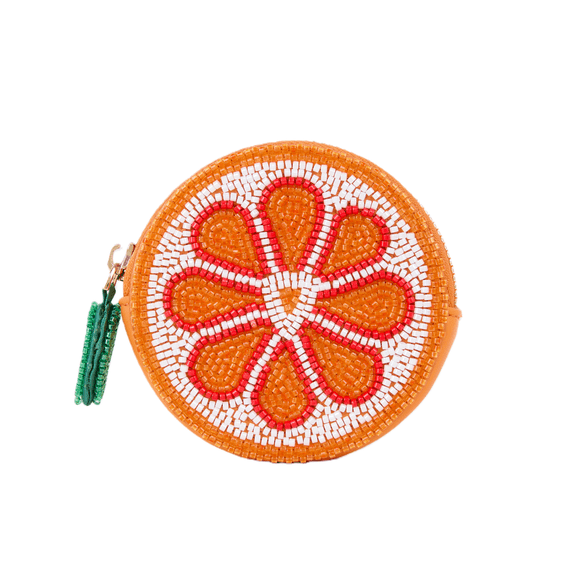 Handmade Beaded Orange Coin Purse, Cute Fruit Pattern Mini Zipper Wallet, Beaded Change Pouch for Women Girls