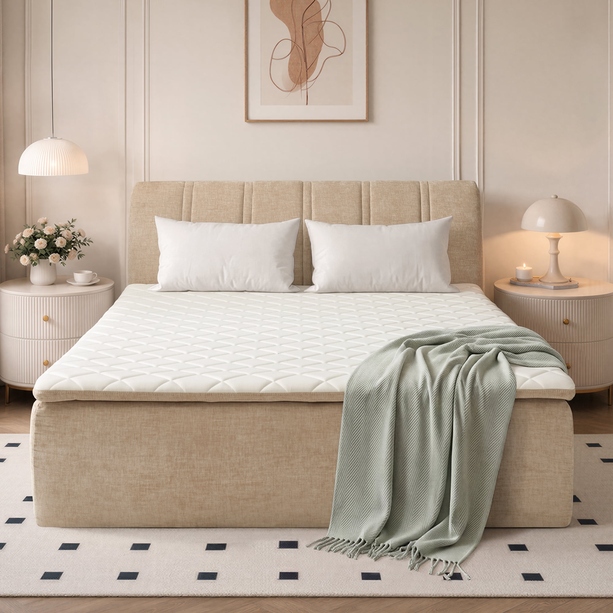 OLINOA Queen Mattress Hybrid Mattress Memory Foam Bed with Headboard, Medium Firm Bed in a Box, No Assembly Required & No Bed Frame Needed for Bedrooms, Apartment, Oatmeal