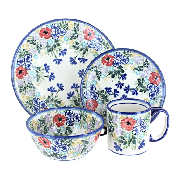 Blue Rose Polish Pottery Summer Garden 4 PC Place Setting - Service for 1