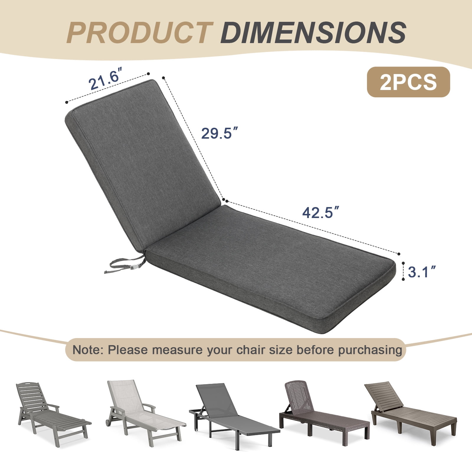 BPS 72" x 21" x 3" Outdoor Chaise Lounge Cushion, Fade & Water Resistant Patio Chair Cushion, Set of 2 - Charcoal