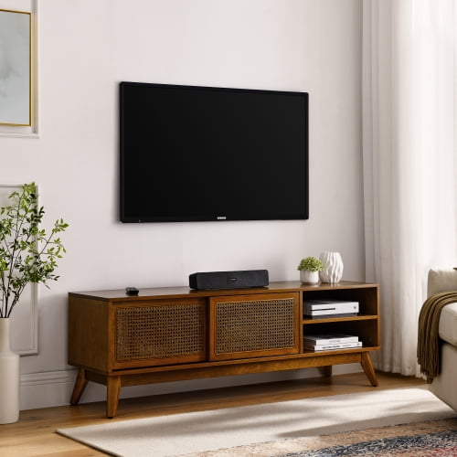 Rattan TV Stand for 65 Inch TV, Mid Century Modern Media Console with Rattan Doors & Solid Wood Feet, 59 Inch Entertainment Center Cabinet for Living Room,Brown Ebony