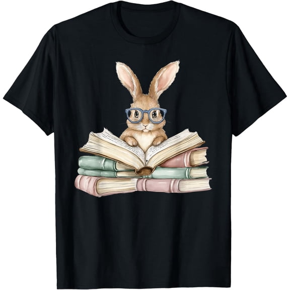 Cute Reading Bunny Glasses Books Bookworm Reader Teacher Womens T-Shirt
