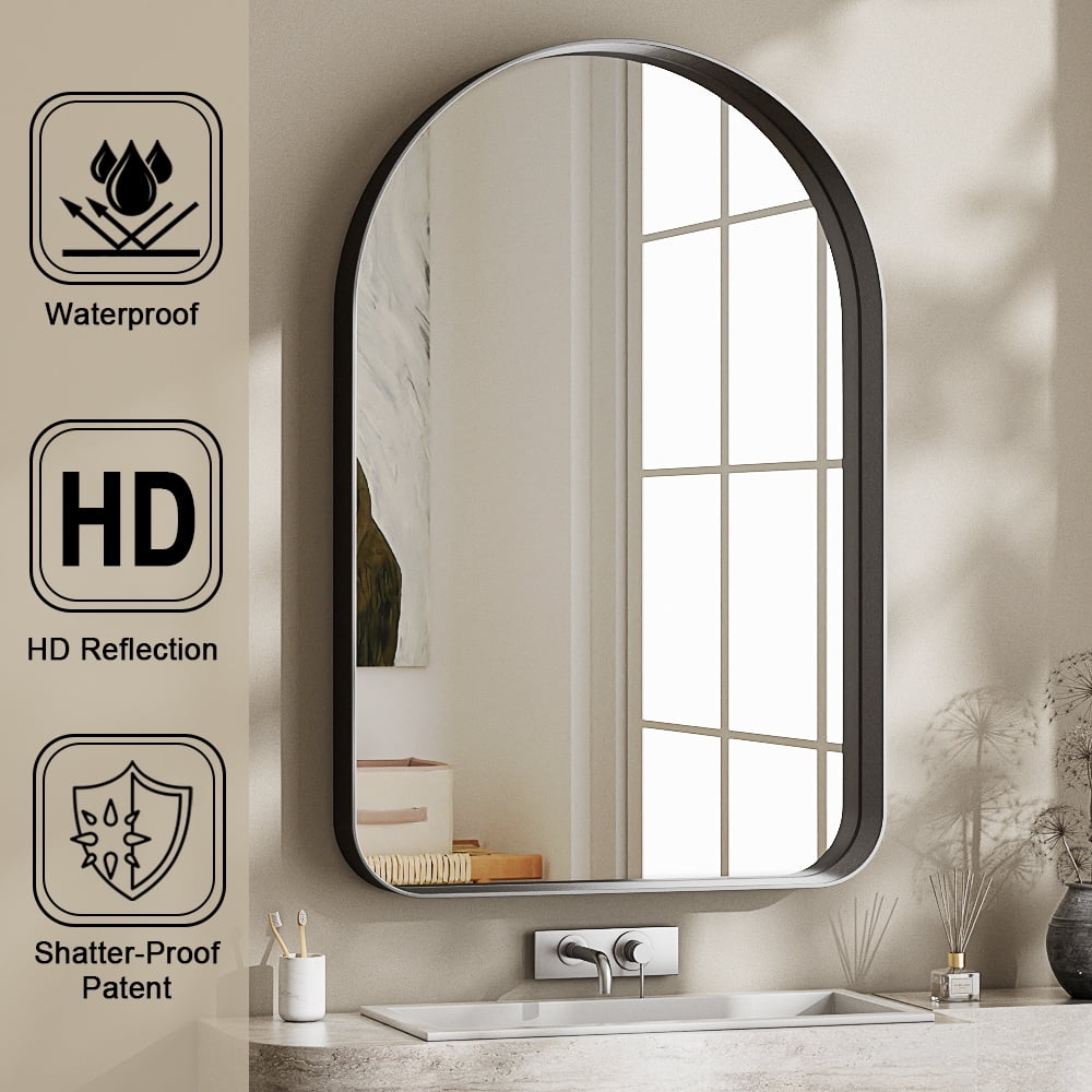 Gleamira 20"x30" Arch-Top Bathroom Mirror Deep Metal Frame Wall-Mounted Mirror , Black