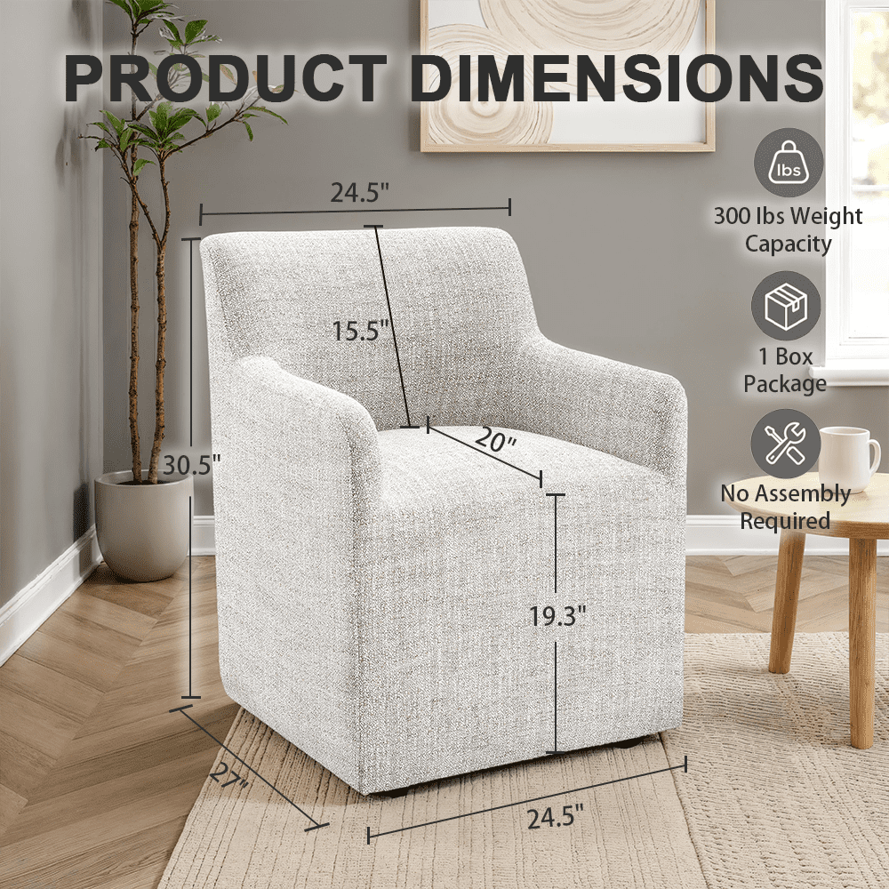 Aenkyo Upholstered Dining Arm Chair with Casters, Barrel Back Rolling Accent Chair, Ginger Brown