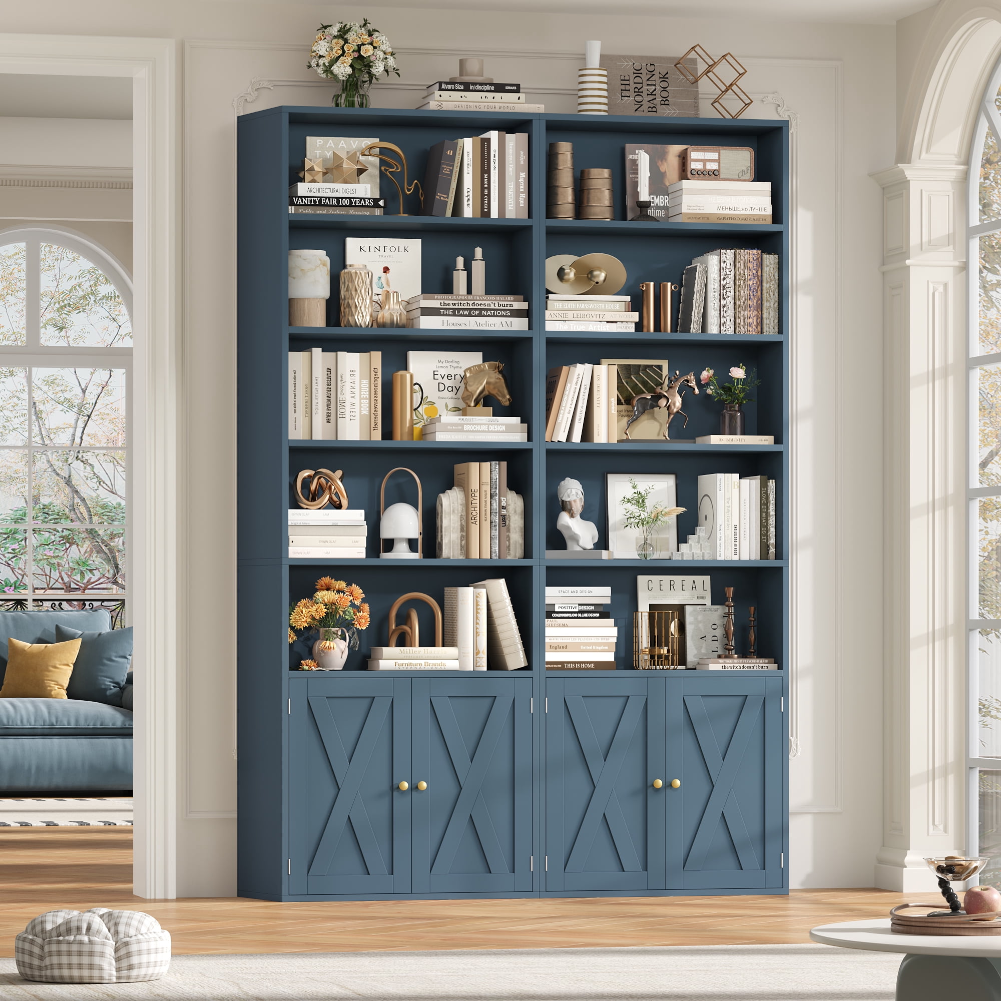 Hiphuta 81.5" Tall Bookcase with Doors, 5-Tier Bookshelves with Storage, 23.6"W Display Shelf with 2 Doors for Home Office, Living Room, Blue