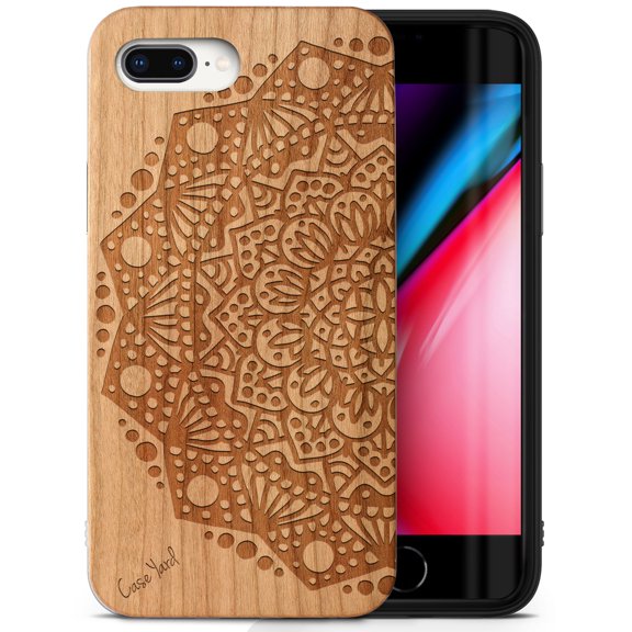 Case Yard Wooden Case Outside Soft TPU Silicone, Slim Fit Shockproof Wood Protective Phone Cover for Girls Boys Men and Women, Supports Wireless Charging Half Mandala Design case for iPhone-8-Plus