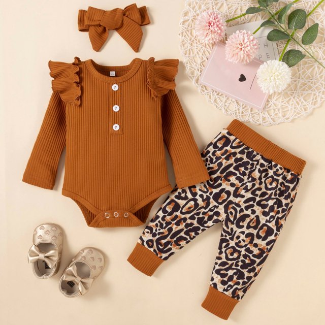 Conjunto de ropa de algodón con volantes para niñas pequeñas, estampado de leopardo y flores, con lazo, liquidación por menos de $10