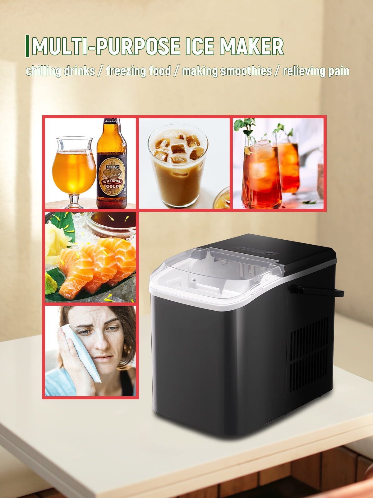 Tacool Portable Ice Makers Machine Countertop 26.5lbs in 24 Hours, 9 Cubes Ready in 8 Mins, Black, New