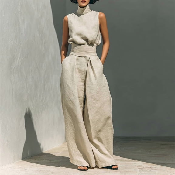 Morttic Women's Turtleneck Sleeveless Top and Wide Leg Pants Set – High Waist with Pockets, Casual Summer Outfit Apricot,S