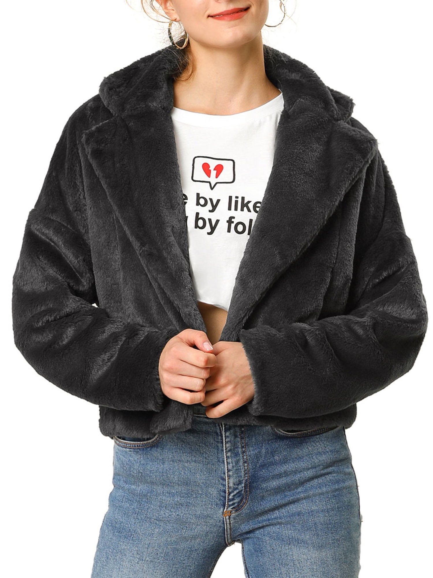 DARING DIVA Women's Cropped Jacket Notch Lapel Faux Fur Fluffy Coat S Black