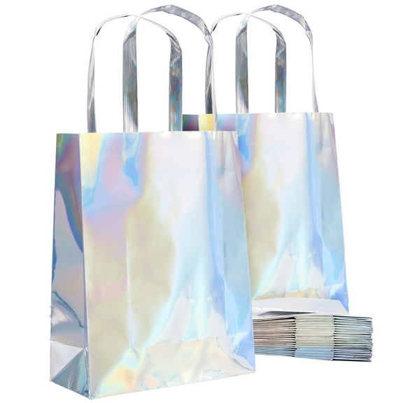 BLUE PANDA Holographic Gift Bags with Handles - 20 Pack, Silver 7 x 9 x 3.1 in - Reusable Paper Goody Bags for Party Favors, Wedding, Birthday, Baby Shower