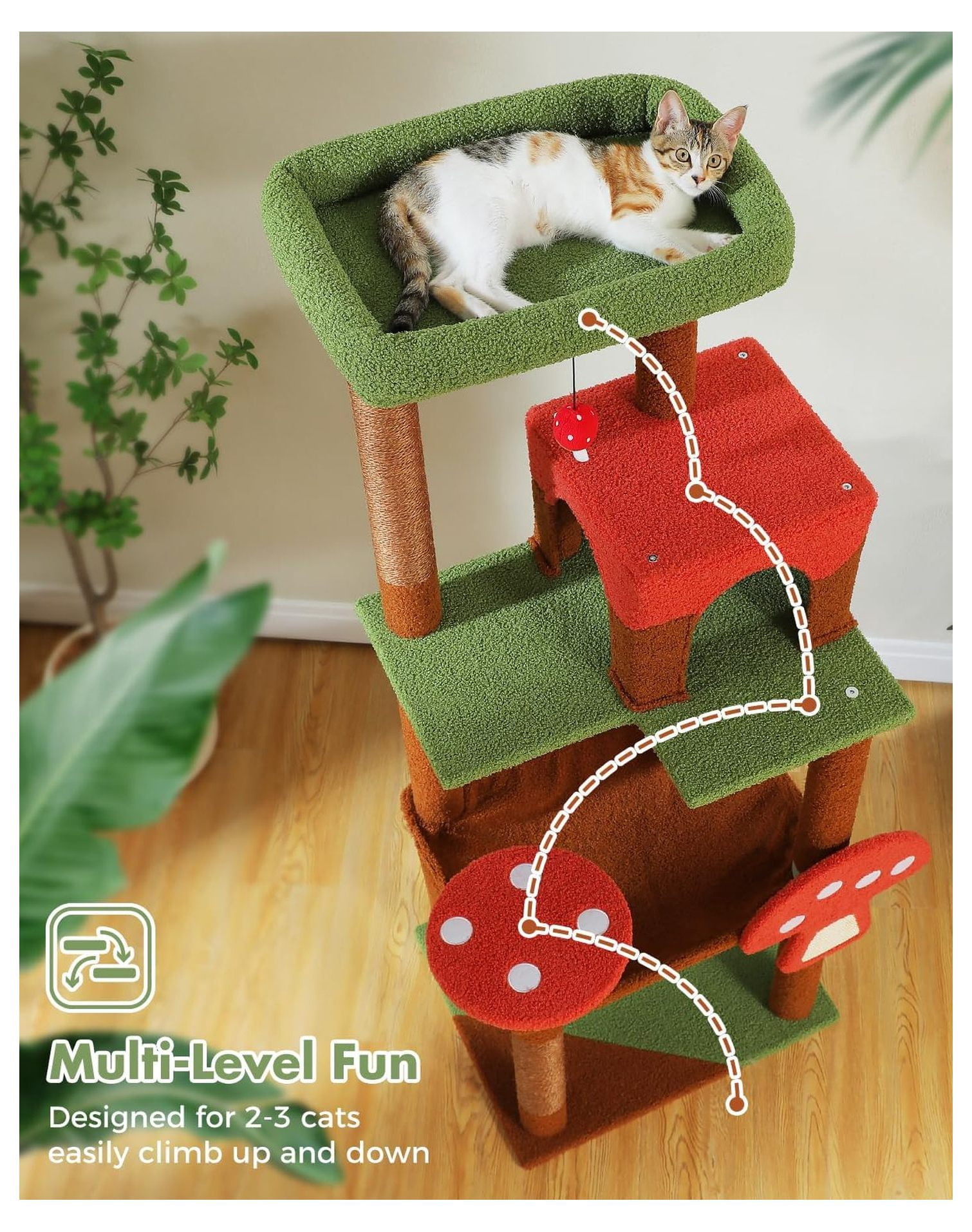Cat Tree Tower with Mushroom Scratcher, Large Hammock & Condo - Multi-Level Cat Tree for Indoor Cats, Small Space, Cute Pastel Design