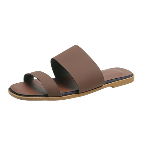 

chaolei Women s Sandals Size 9 Ladies Fashion Summer Solid Color Leather Versatile Casual Flat Slippers Long Walks