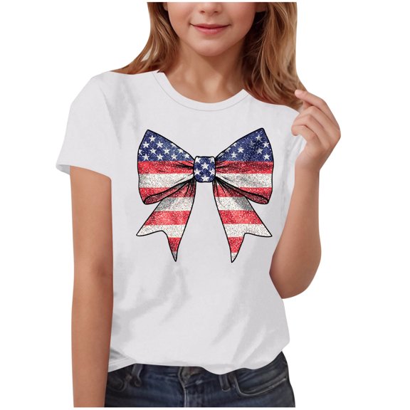 FamilyThread Children's Casual Loose T-shirt American Flag 4th of July Bow Style Summer Comfortable Short Sleeved Round Neck Top For 3-15Y