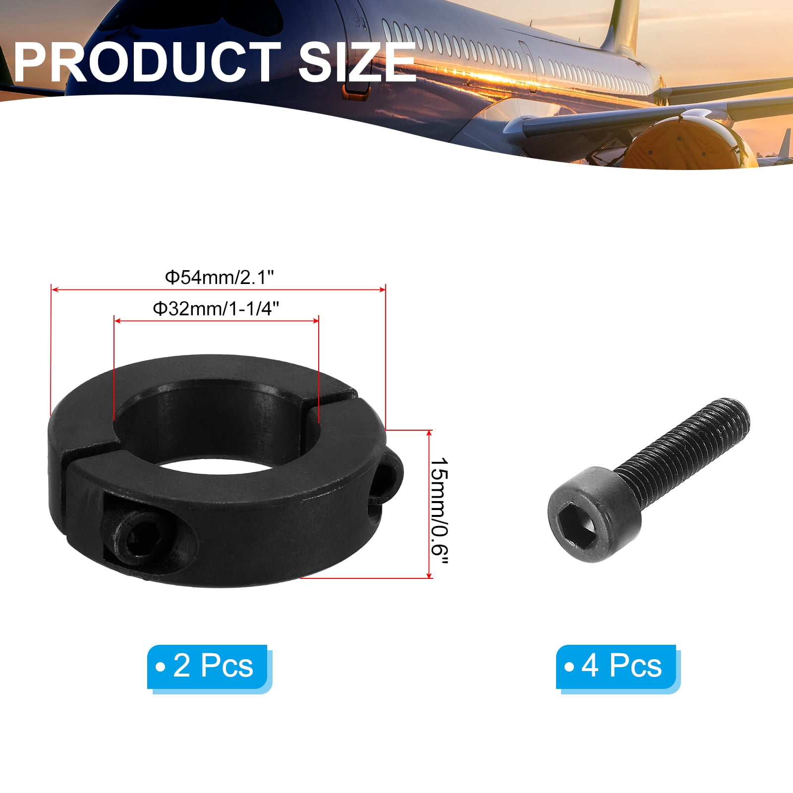 45#Carbon Steel Bore 32mm Double Split Shaft Collar 54mm OD 15mm Thickness with Set Screw, Black 2 Pack