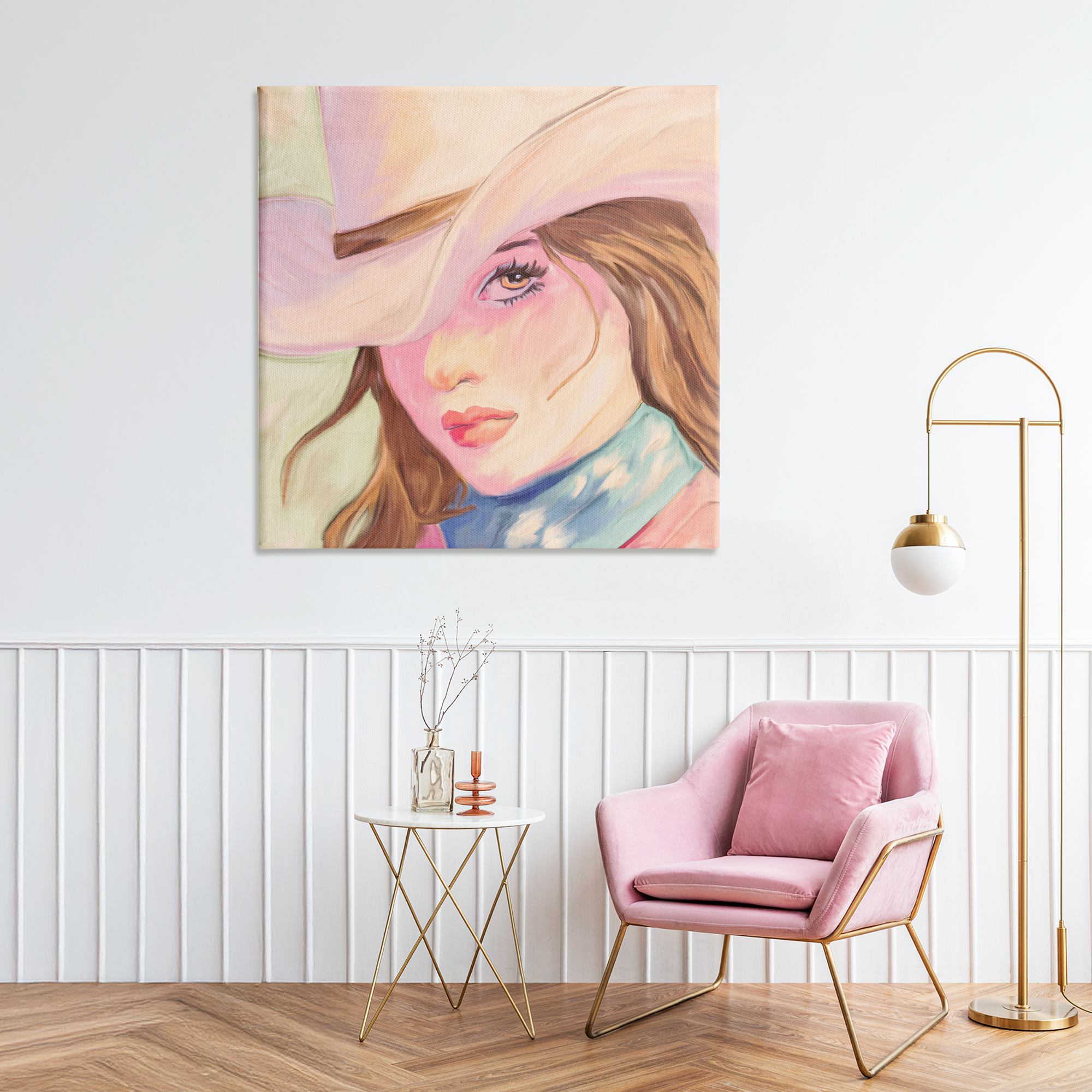 Pastel Cowgirl Brunette Canvas Wall Art, design by Kim Allen