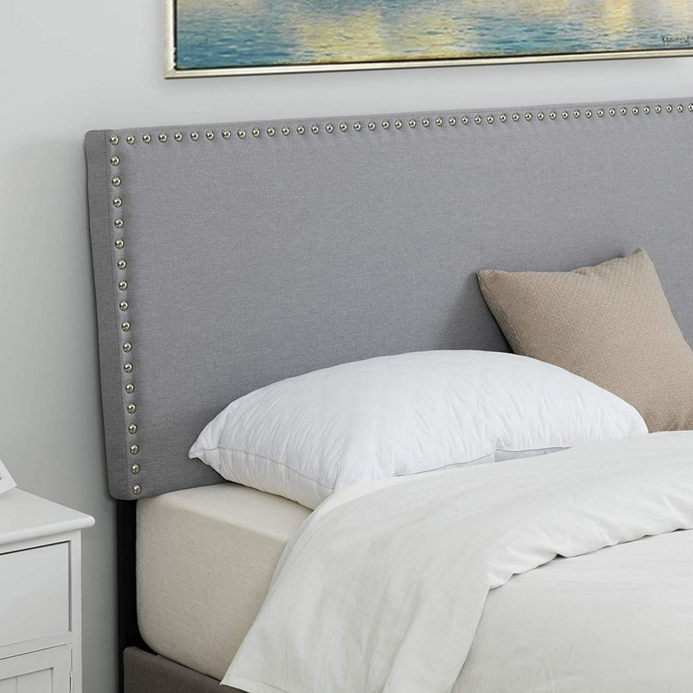 LAGRIMA Upholstered Nailhead Rectangular Headboard in Light Grey Fabric