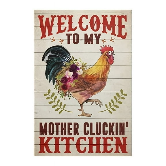 1pc Rustic Farmhouse Iron Rooster Kitchen Wall Decor Sign, Vintage "Welcome to My Mother Cluckin' Kitchen" Metal Tin Poster, Retro Plaque for Home, Garden - 8x12 Inch