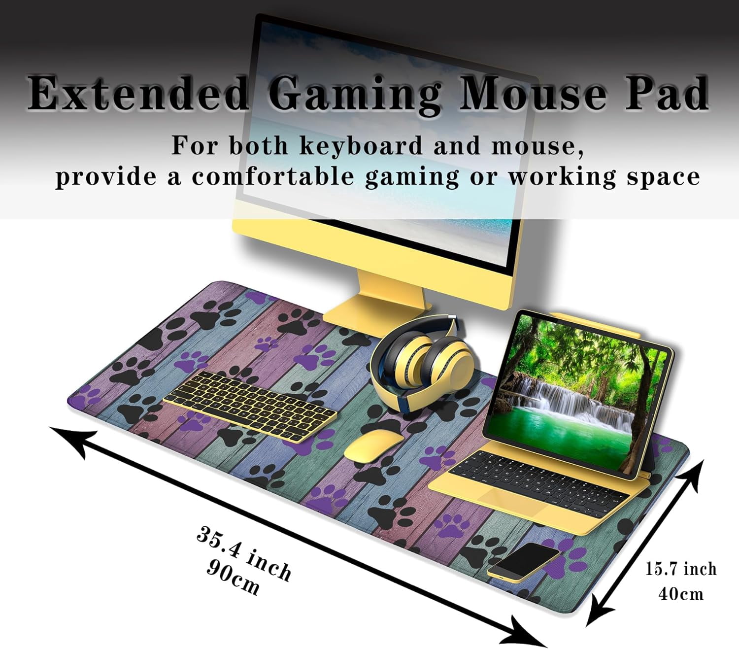 Gaming Mouse Pad Black and Purple, Big Mouse Pads Computer Desk Mat, Work Table Mat Non-Slip Rubber Base Waterproof with Stitched Edges, 35.4 X 15.7 inch for Work/Game/Office/Home Dog Paw