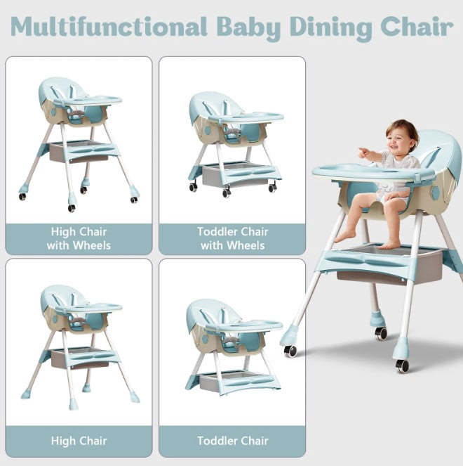LHUAI, Foldable Baby High Chair, 4 in 1 Convertible High Chairs, With 5-Point Safety Harness, Adjustable Dining Tray & Backrest & Height, Easy To Clean Surface, For Babies And Toddlers, Light Blue