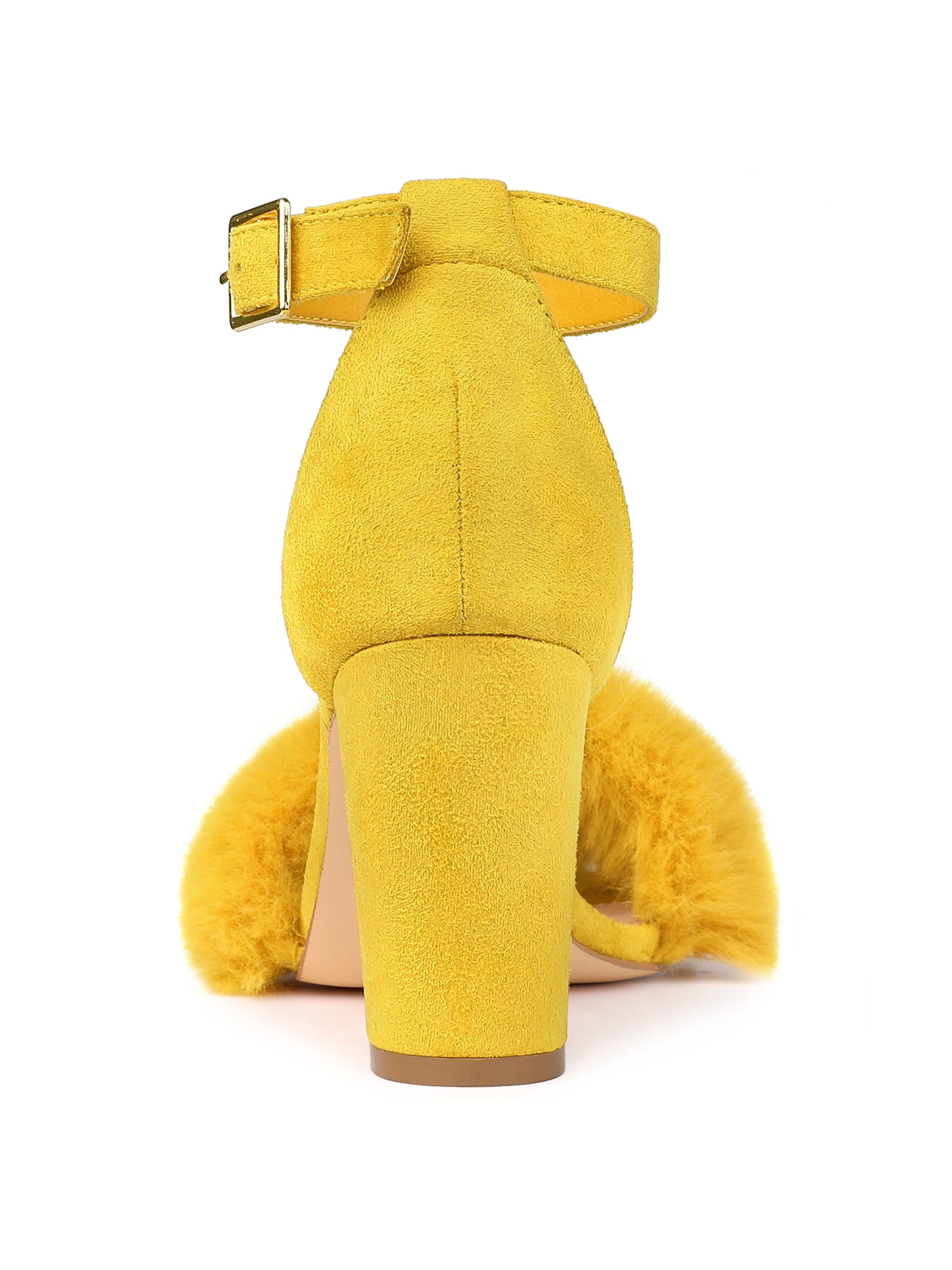 DARING DIVA Women's Ankle Strap Faux Fur Block Heels Beige Sandals for Wear Yellow 9