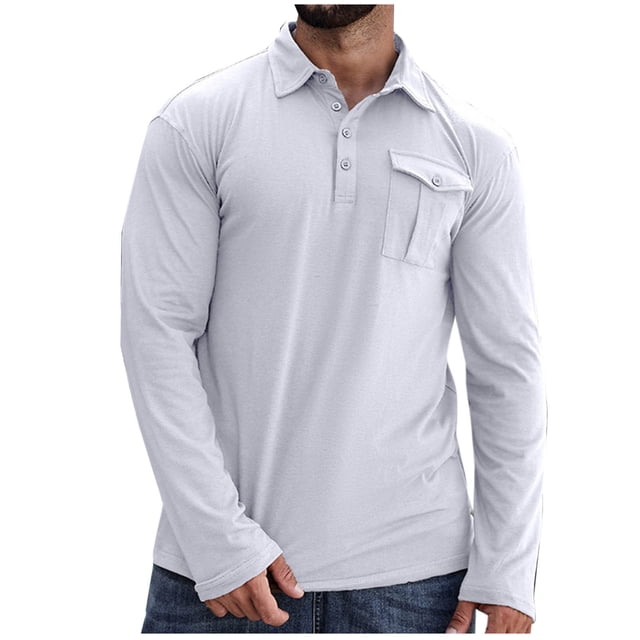 pstuiky camisa de manga larga para hombre, Camisa de manga larga de color liso con bolsillo y cuello para hombre Tops casuales para hombres m