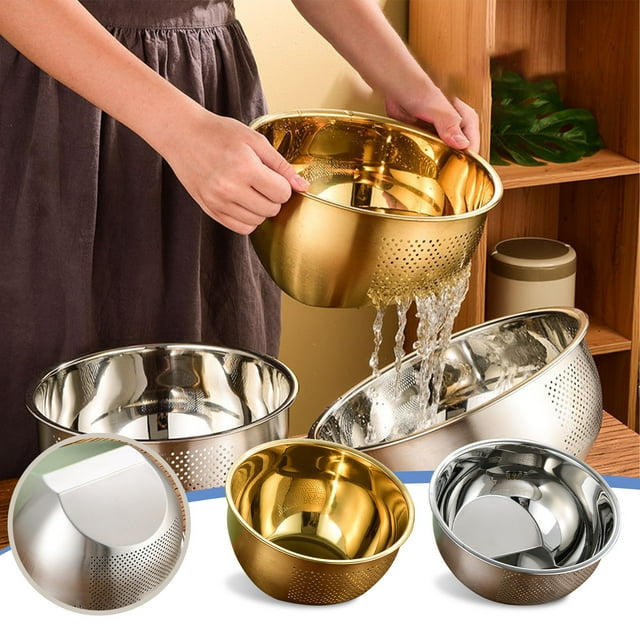 Cesta de drenaje giratoria de acero inoxidable - Herramienta de limpieza de verduras y frutas - Colador de cocina de 24 cm - Colador de lavado de arroz - Recipiente apilable con inserto extraíble