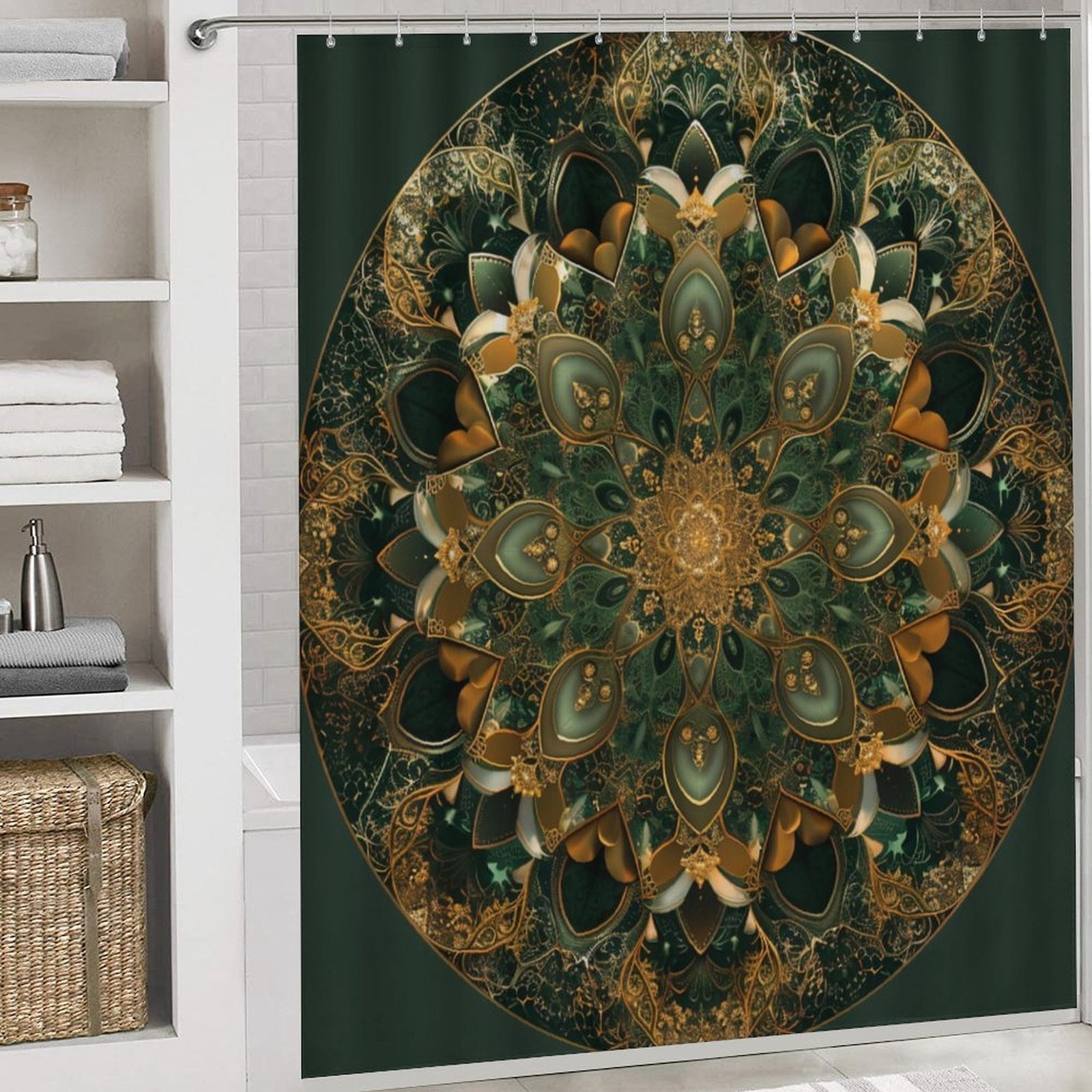 Mandala Design in Olive Green And Gold 4 Pcs Shower Curtain Sets with Non-Slip Rugs Toilet Lid Cover And Bath Mat Bathroom Decor Set Abstract Mandala Flowers Durable And Waterproof for Bathtub Decor